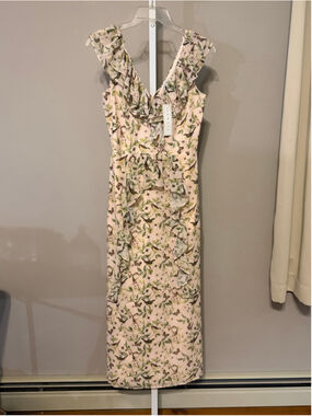 Women's Senlis Midi Dress Size S Beige Green Bird Print Ruffle